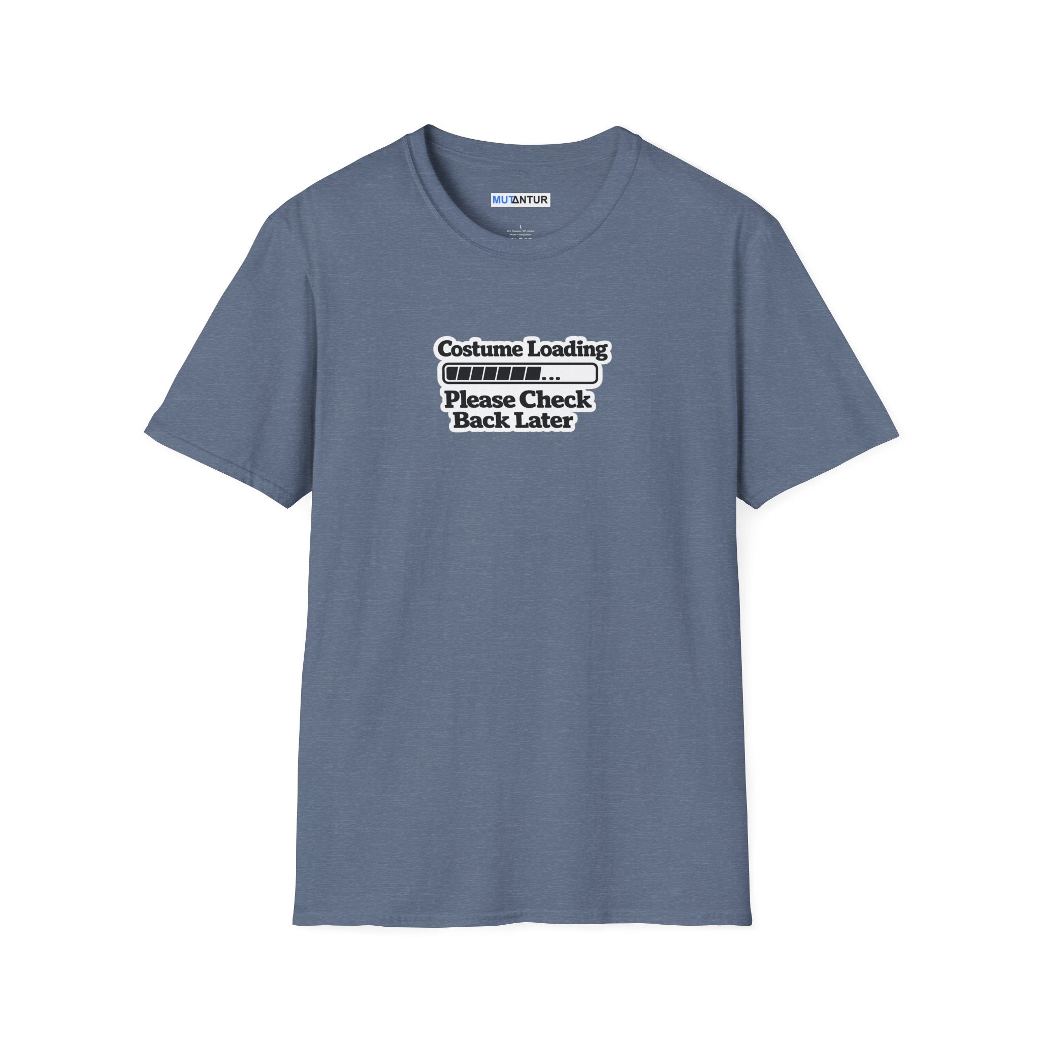 Stine blue crewneck t-shirt with a black graphic print on the chest that reads 'Costume Loading Please Check Back Later' with a progress bar,
