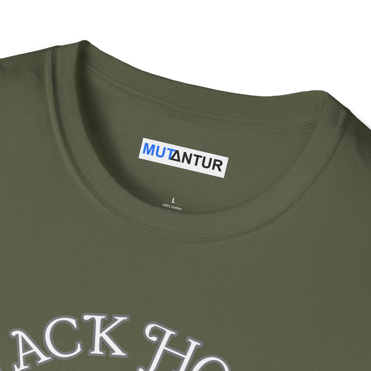 Black Holes Where My Motivation Goes graphic tee in olive green, close-up of the neckline and brand label