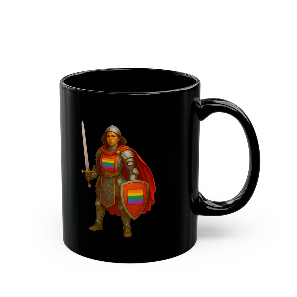 Rainbow Paladin Mug — Black Ceramic Mug with Pride Shield and Cape - Mutantur Labs LLC