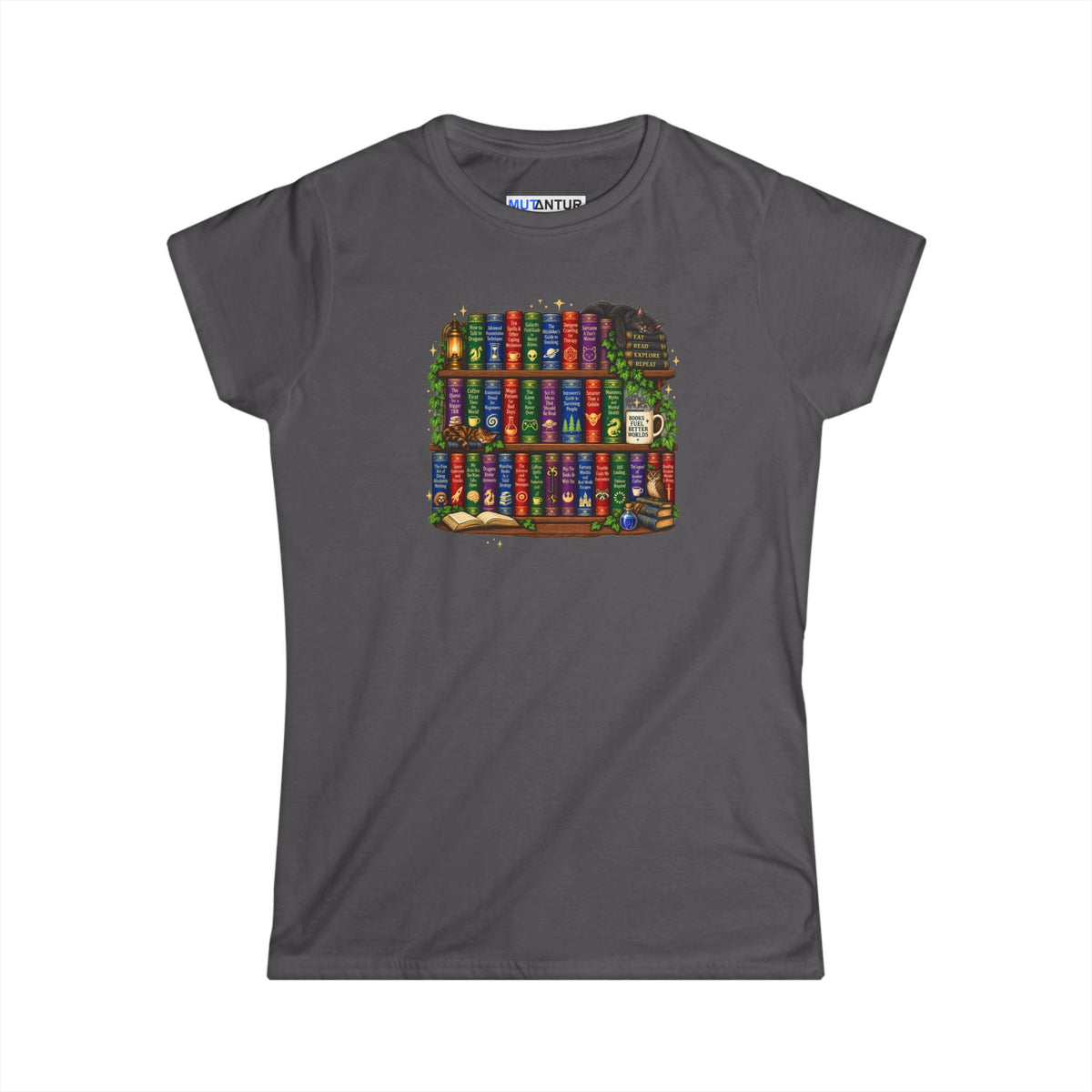 A dark gray short-sleeve t-shirt with a colorful graphic print of bookshelves filled with books on the front, displayed against a solid white background.