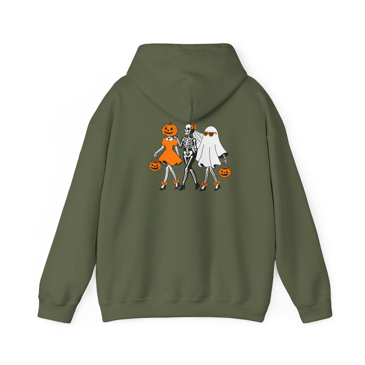 An olive green pullover hoodie shown from the back, featuring a graphic print of three Halloween characters: a pumpkin-headed girl in orange, a skeleton in black and white, and a ghost character in white holding a pumpkin.