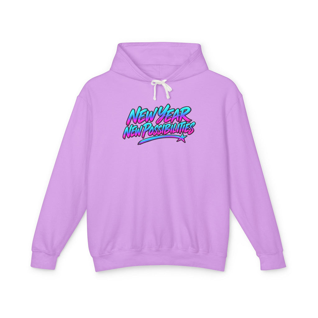 A light purple pullover hoodie with a colorful retro-style graphic on the chest reading 'NEW YEAR NEW POSSIBILITIES' in pink, blue, and purple gradient lettering, shown on a plain white background.