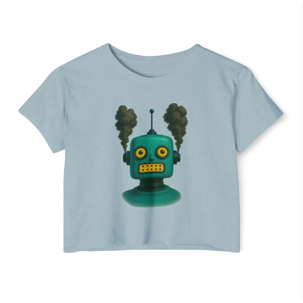 Retro Steampunk Robot Crop Top – Green Sci-Fi Graphic Top - Mutantur Labs LLC