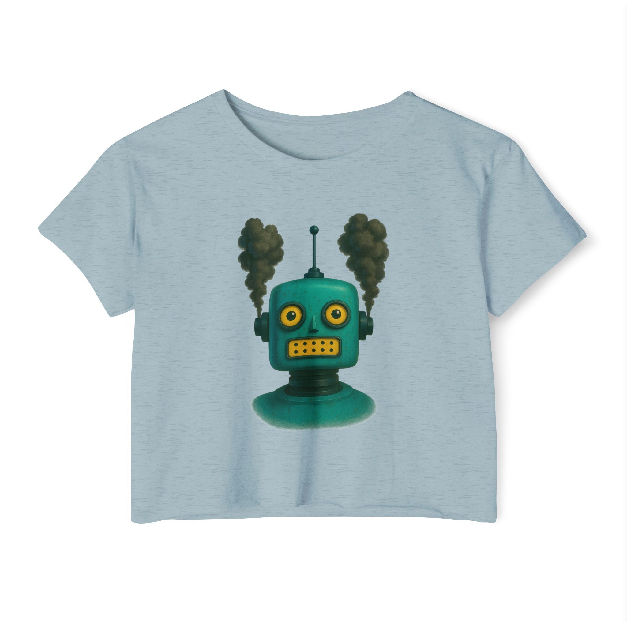Retro Steampunk Robot Crop Top – Green Sci-Fi Graphic Top - Mutantur Labs LLC