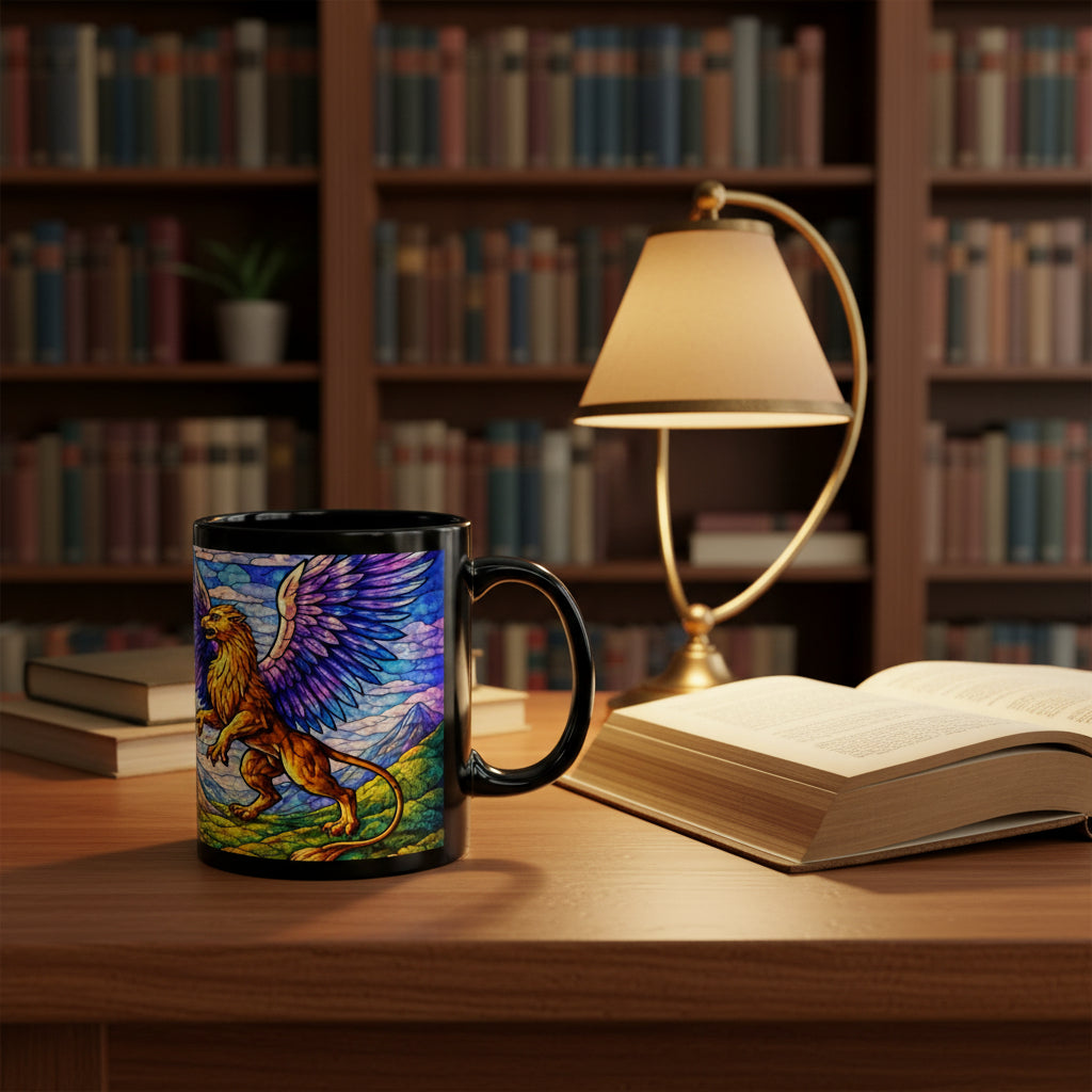 Stained Glass style Gryphon & Phoenix Mug — 11oz Black Ceramic, Mythical Winged Creature Coffee Cup - Mutantur Labs LLC