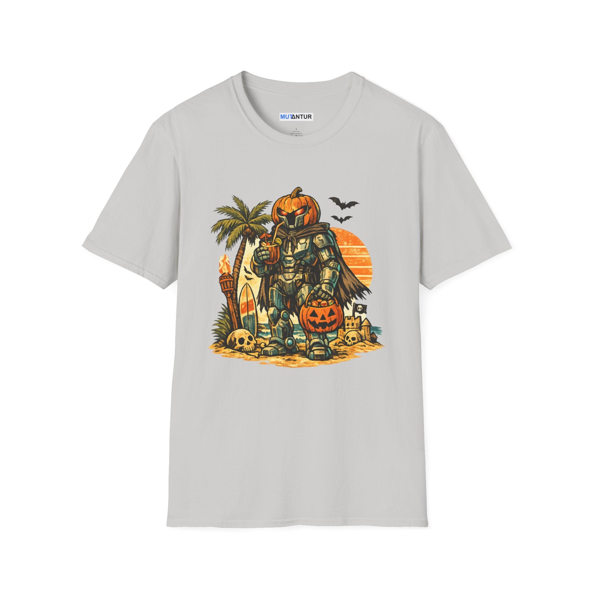 Summerween Beach Robot T-Shirt — Pumpkin-Head Robot Surfing Sunset Tee - Mutantur Labs LLC