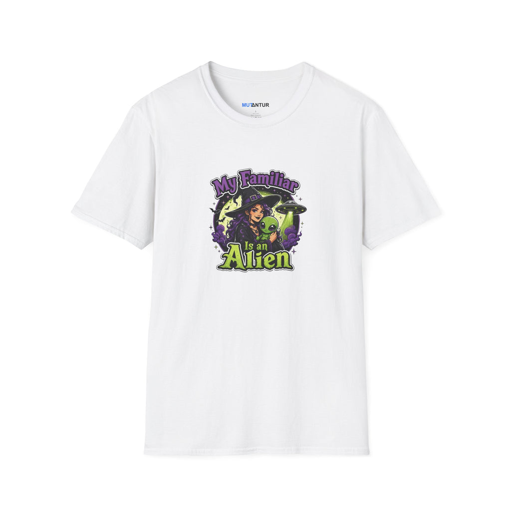 A white short Sleeved T-shirt with a witch graphic holding a green alien with the words My Familiar is an Alien