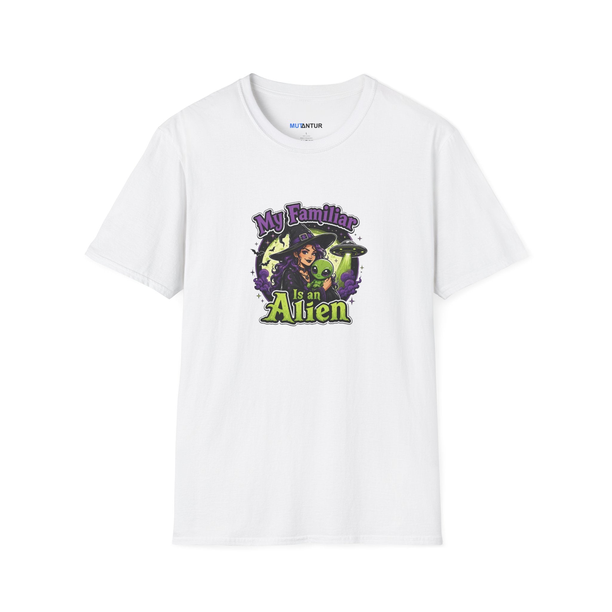 A white short Sleeved T-shirt with a witch graphic holding a green alien with the words My Familiar is an Alien