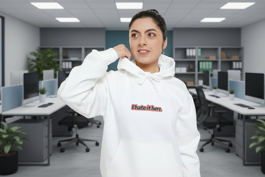 I hate it here, minimalist text design Comfort Colors hoodie - Mutantur Labs LLC
