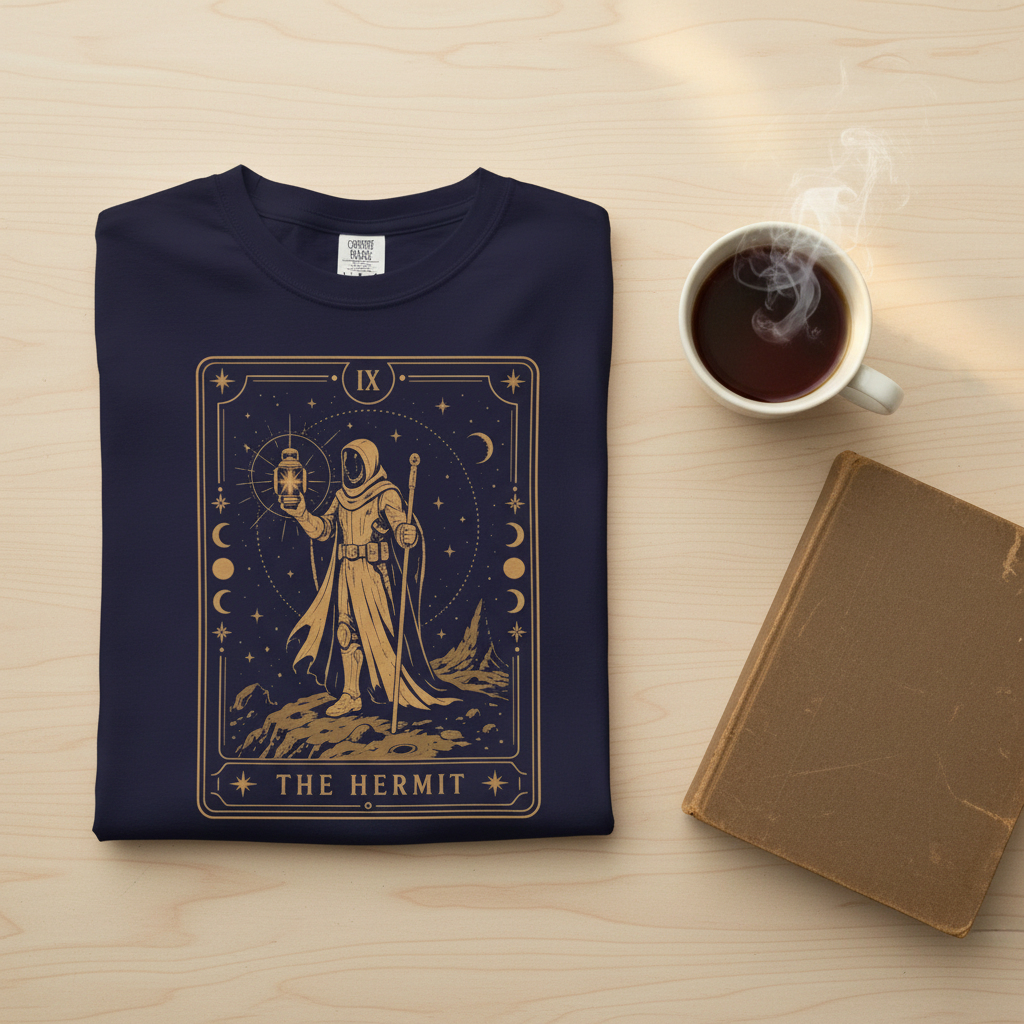 The Hermit tarot card sci-fi astronaut graphic Comfort Colors tee in navy, folded flat lay styled with a coffee cup and a book