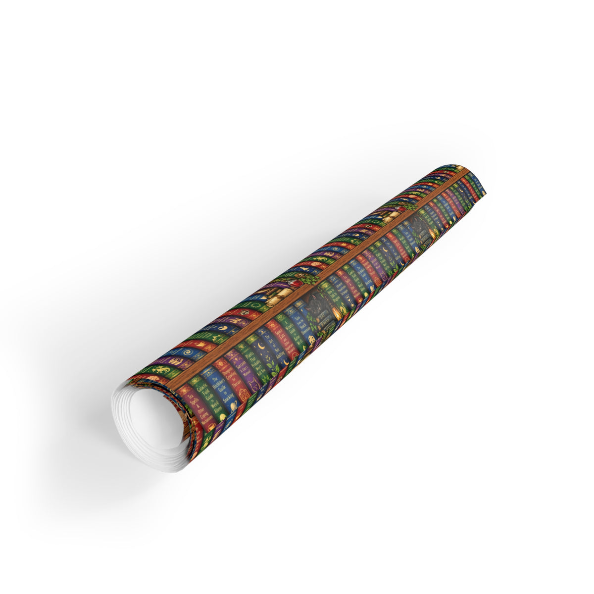 A roll of wrapping paper featuring a repeating pattern of multi colored fantasy and sci fi books with white graphic details, shown on a clean white background.