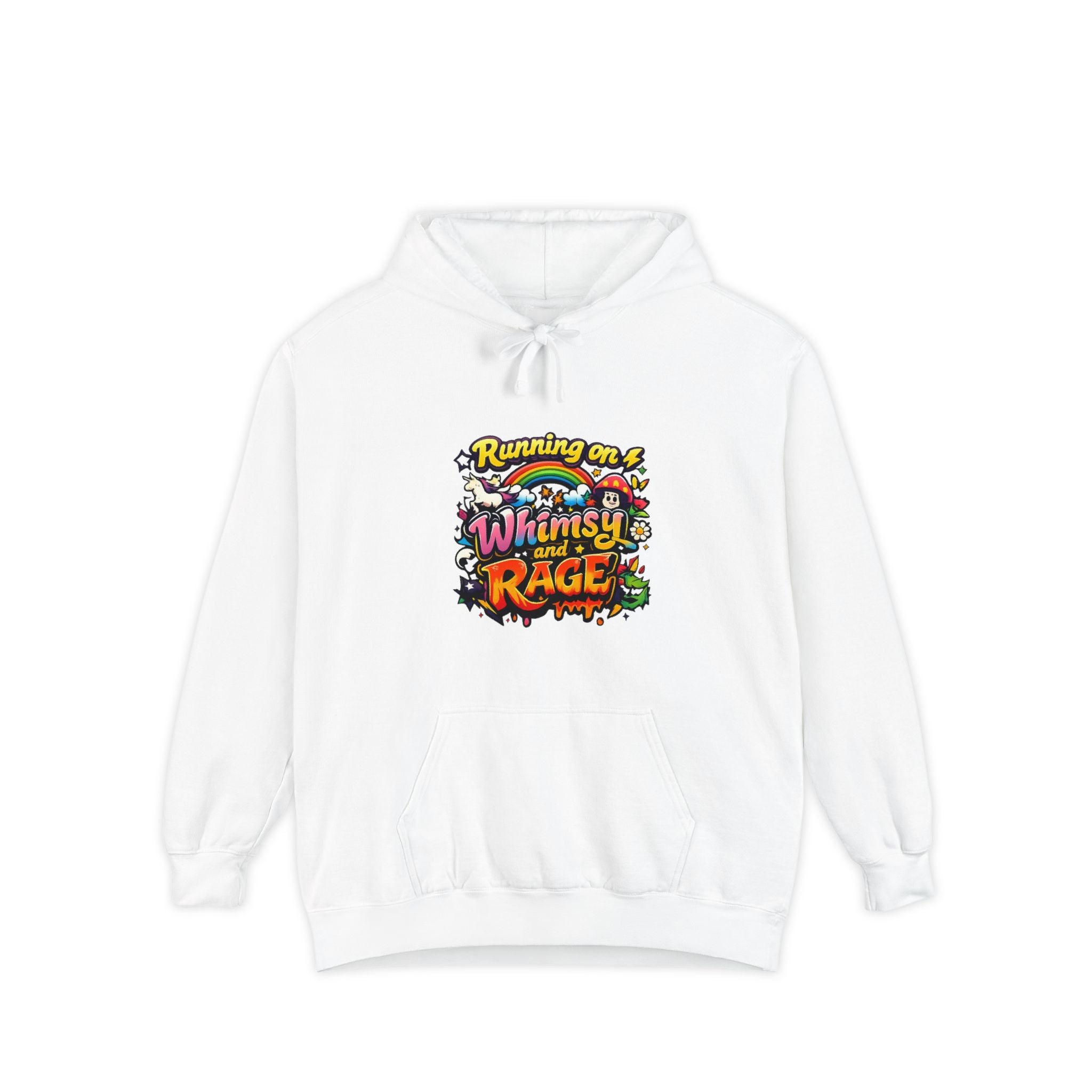 Hoodie — "Running on a Whimsy and Rage" Colorful Graphic Pullover