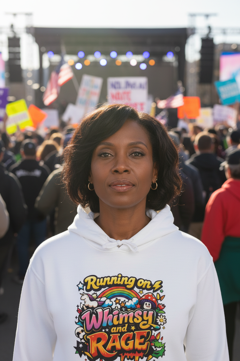 Running on a Whimsy and Rage Comfort Colors graphic hoodie, front view