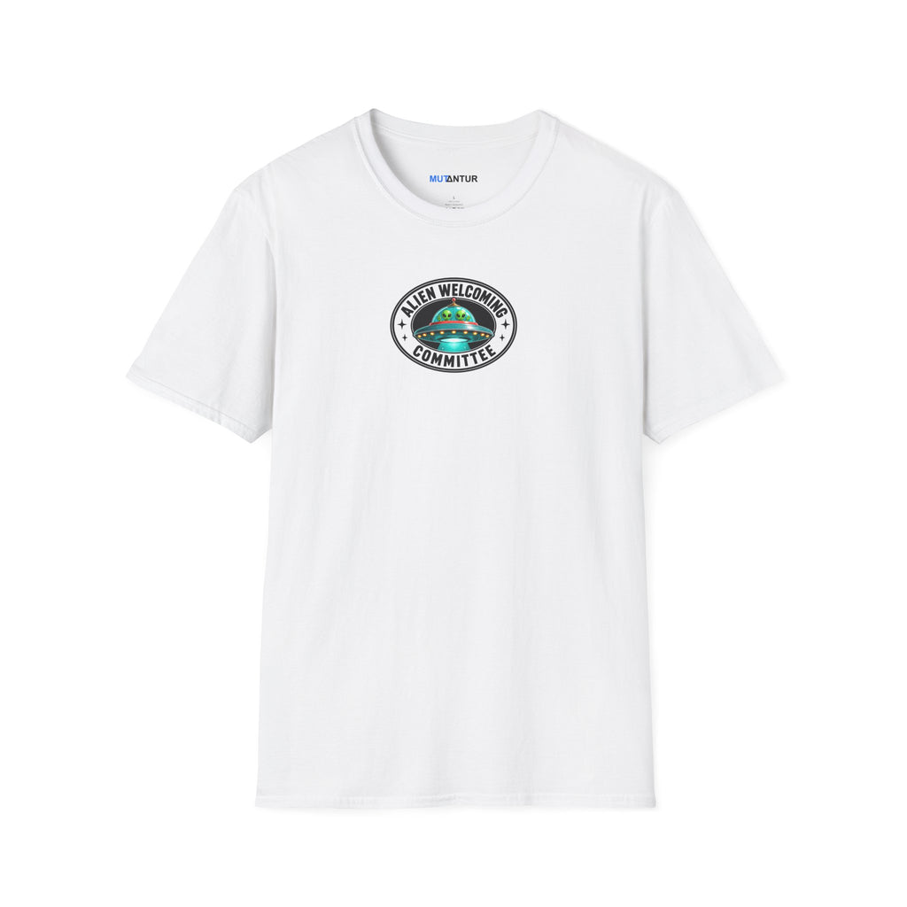 white shirt with Colorful Welcome Aliens T-shirt design with a retro Las Vegas roadside sign, friendly UFO, and We’ve Been Expecting You message