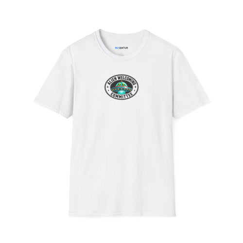 white shirt with Colorful Welcome Aliens T-shirt design with a retro Las Vegas roadside sign, friendly UFO, and We’ve Been Expecting You message