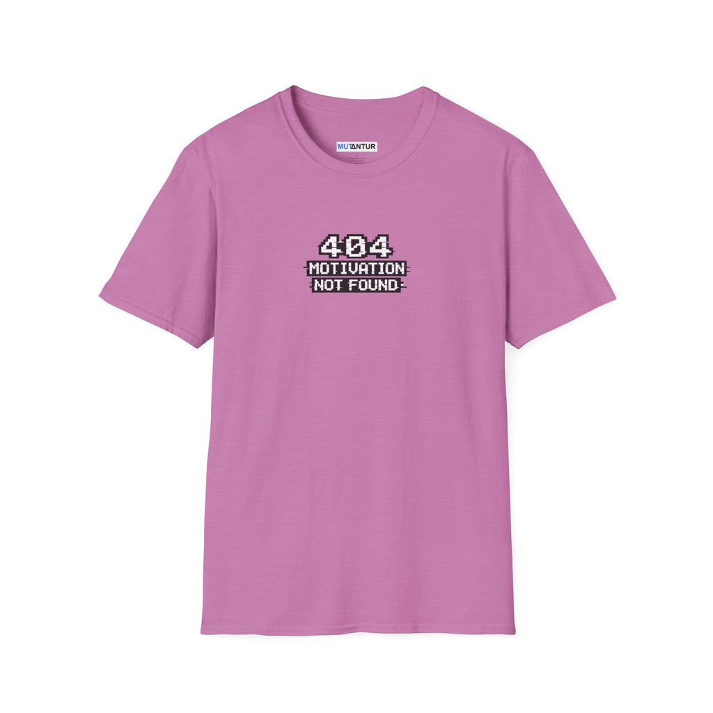 A pink crewneck t-shirt with a black graphic on the chest that reads '404 MOTION TUNATION NOT FOUND'. The shirt is displayed flat against a solid white background.