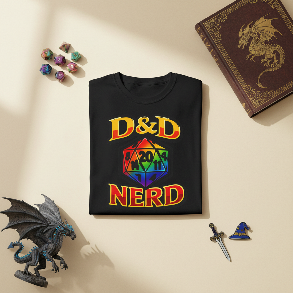 Rainbow D20 tabletop RPG Comfort Colors tee, fabric detail