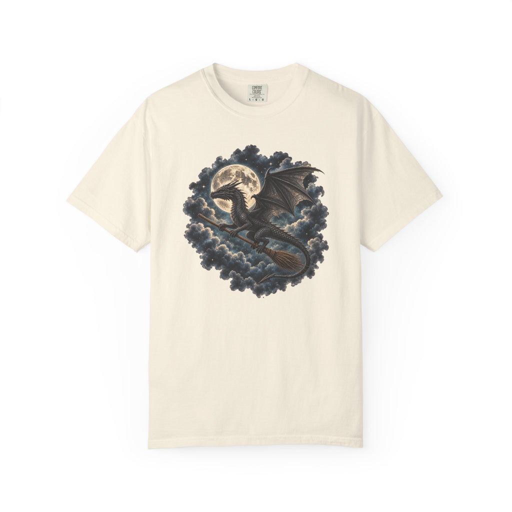 An off-white short-sleeve crewneck t-shirt featuring a detailed graphic print of a dark dragon flying through dark clouds with a full moon in the background.