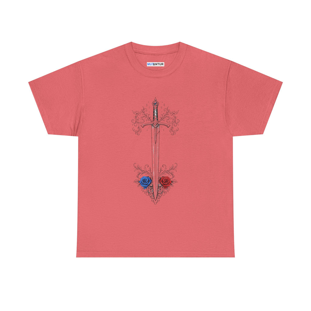 Sword and Roses Graphic Tee — Gothic Floral Sword T‑Shirt (Red & Blue Roses) - Mutantur Labs LLC