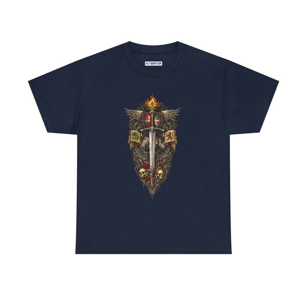Medieval Sword & Shield T-Shirt — Fantasy Knight Crest Tee - Mutantur Labs LLC