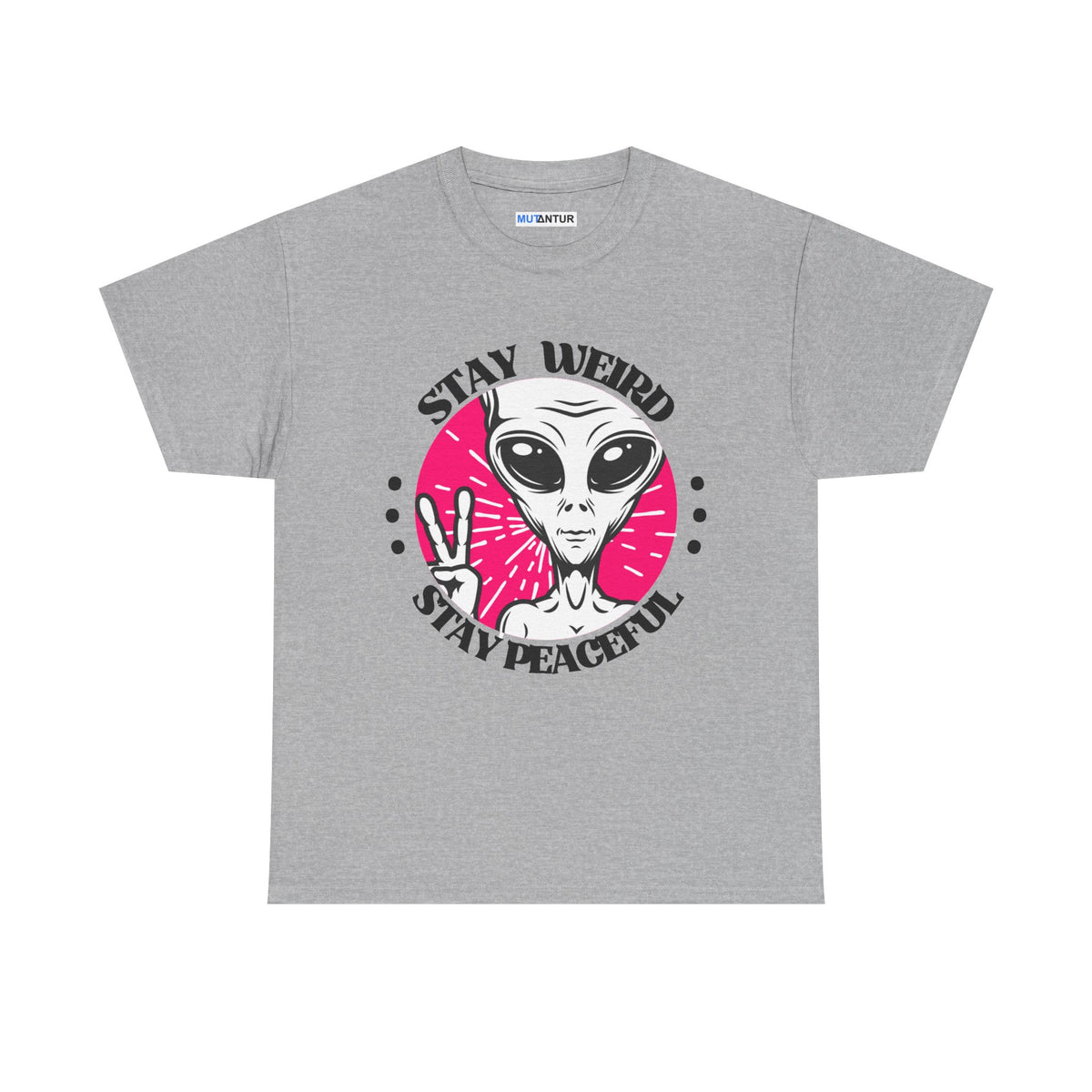 Stay Weird Stay Peaceful galaxy alien graphic tee in heather grey, front view