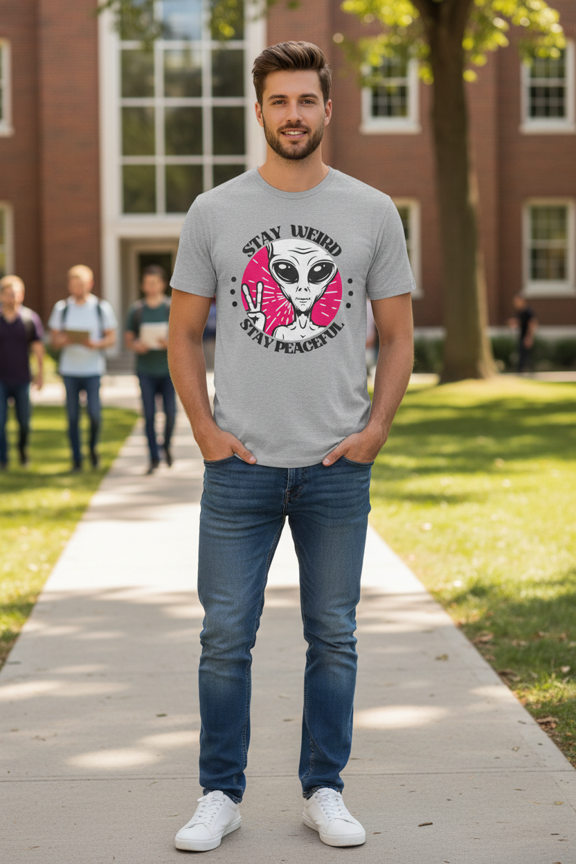 Stay Weird Stay Peaceful galaxy alien graphic tee in heather grey, styled photo of a man wearing it outdoors on a campus walkway