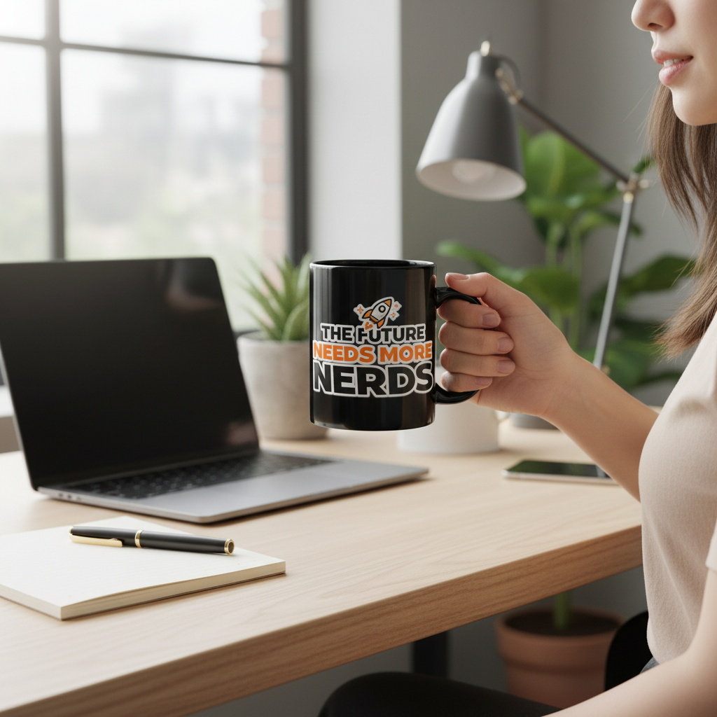 The Future Needs More Nerds"  Black  Ceramic Coffee Cup, Geeky Rocket Design(11oz