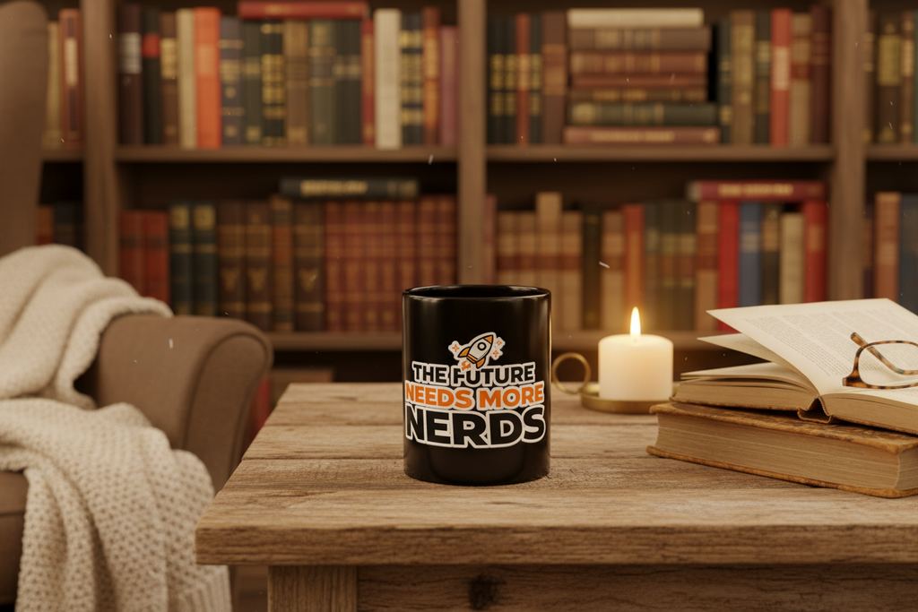 The Future Needs More Nerds"  Black  Ceramic Coffee Cup, Geeky Rocket Design(11oz