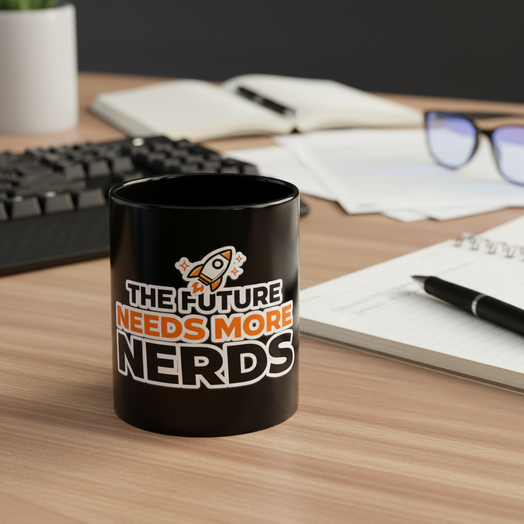 A black ceramic mug with a graphic design that reads 'THE FUTURE NEEDS MORE NERDS' in white and orange lettering, accompanied by a small rocket illustration