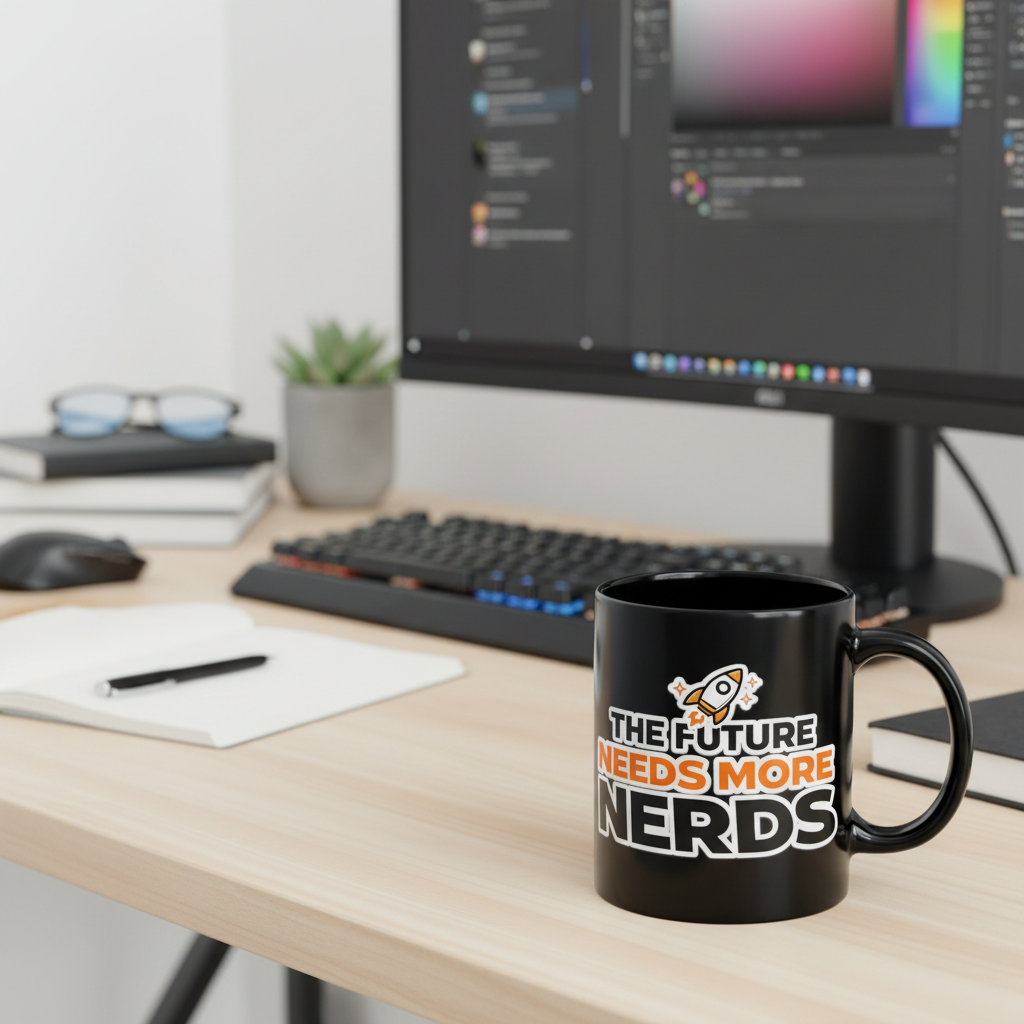 The Future Needs More Nerds"  Black  Ceramic Coffee Cup, Geeky Rocket Design(11oz
