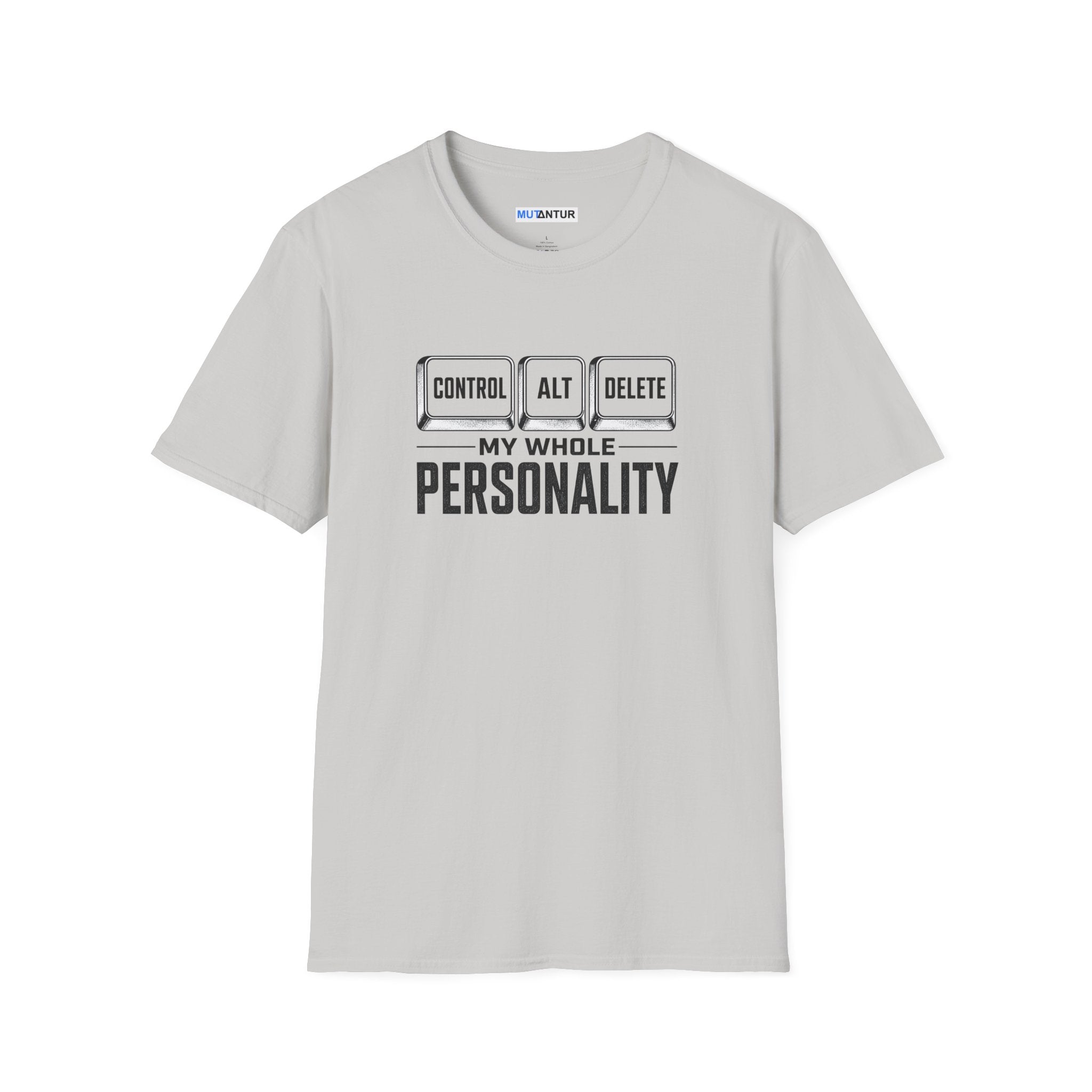 A light gray short-sleeve crewneck t-shirt with a black graphic print on the chest that reads 'CONTROL ALT DELETE' above 'MY WHOLE PERSONALITY' in bold capital letters.