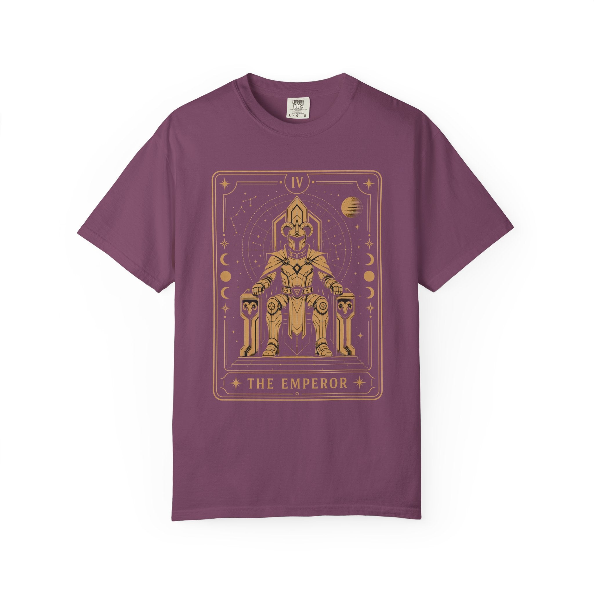A purple Comfort Colors t-shirt featuring The Emperor from the Future Arcana collection, inspired by The Emperor tarot card. A regal futuristic ruler sits upon a cosmic throne surrounded by celestial Art Deco details in elegant gold line art on a transparent background.