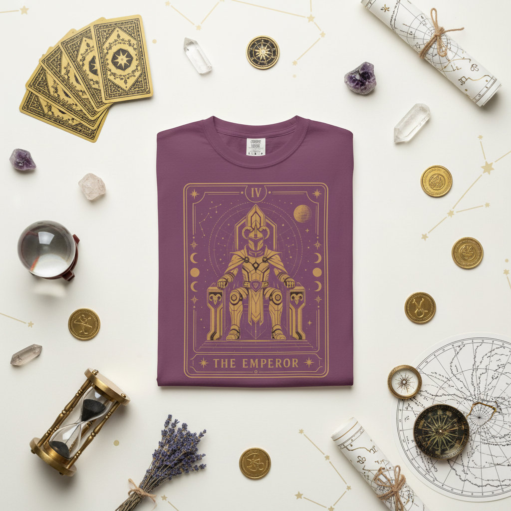 A purple Comfort Colors t-shirt featuring The Emperor from the Future Arcana collection, inspired by The Emperor tarot card. A regal futuristic ruler sits upon a cosmic throne surrounded by celestial Art Deco details in elegant gold line art on a transparent background.