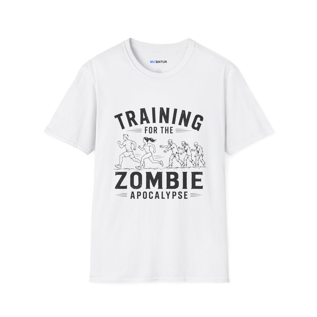 white short sleeved t shirt with the words Training for the zombie apocalypse with a funny line drawing of runners escaping zombies
