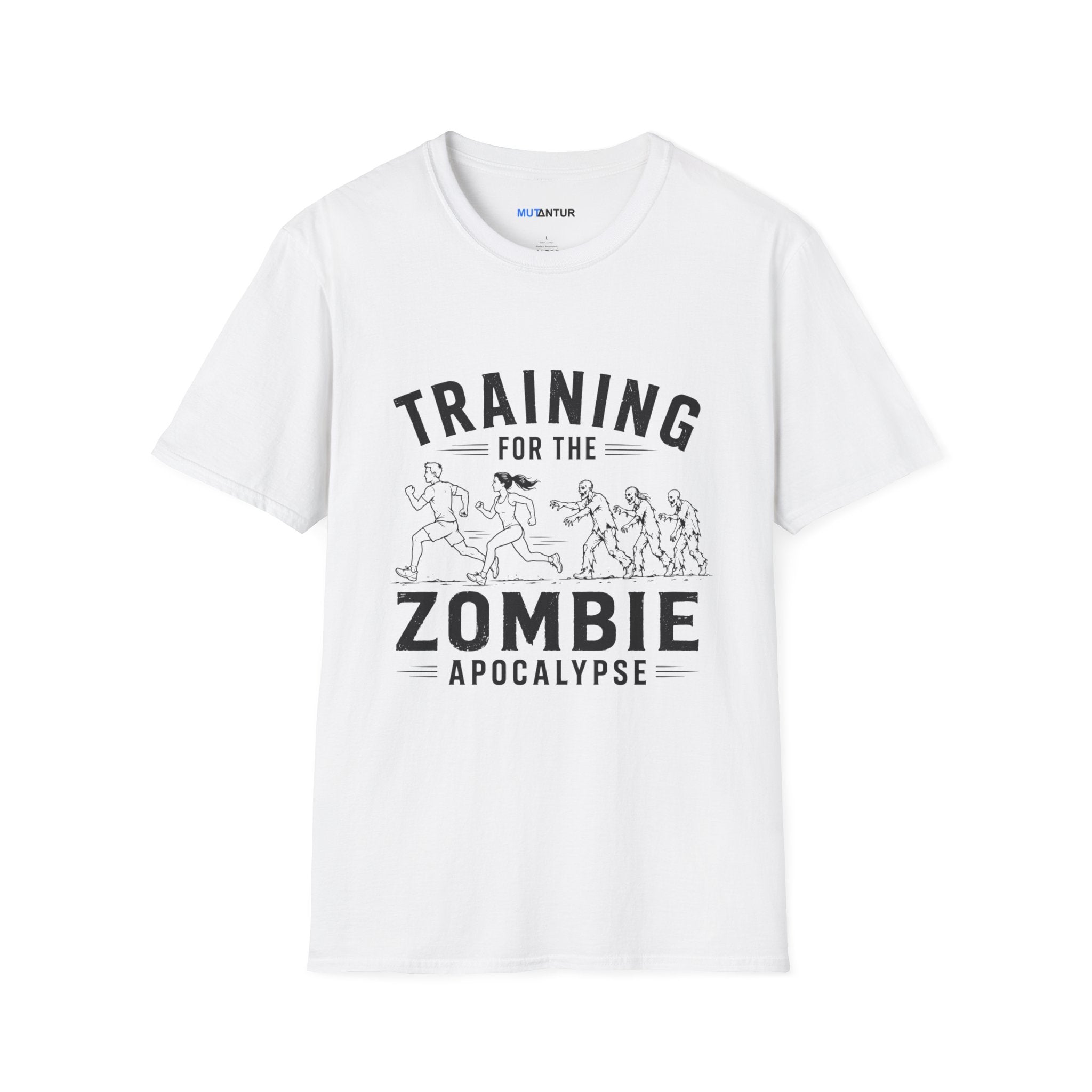 white short sleeved t shirt with the words Training for the zombie apocalypse with a funny line drawing of runners escaping zombies
