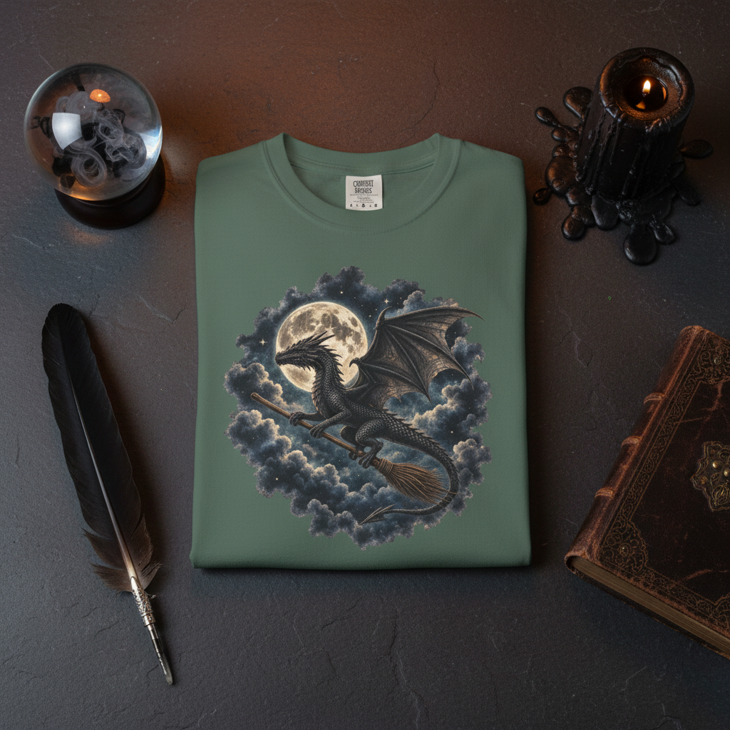 Dragon Riding a Witches Broom Moon Fantasy Comfort Colors Tee