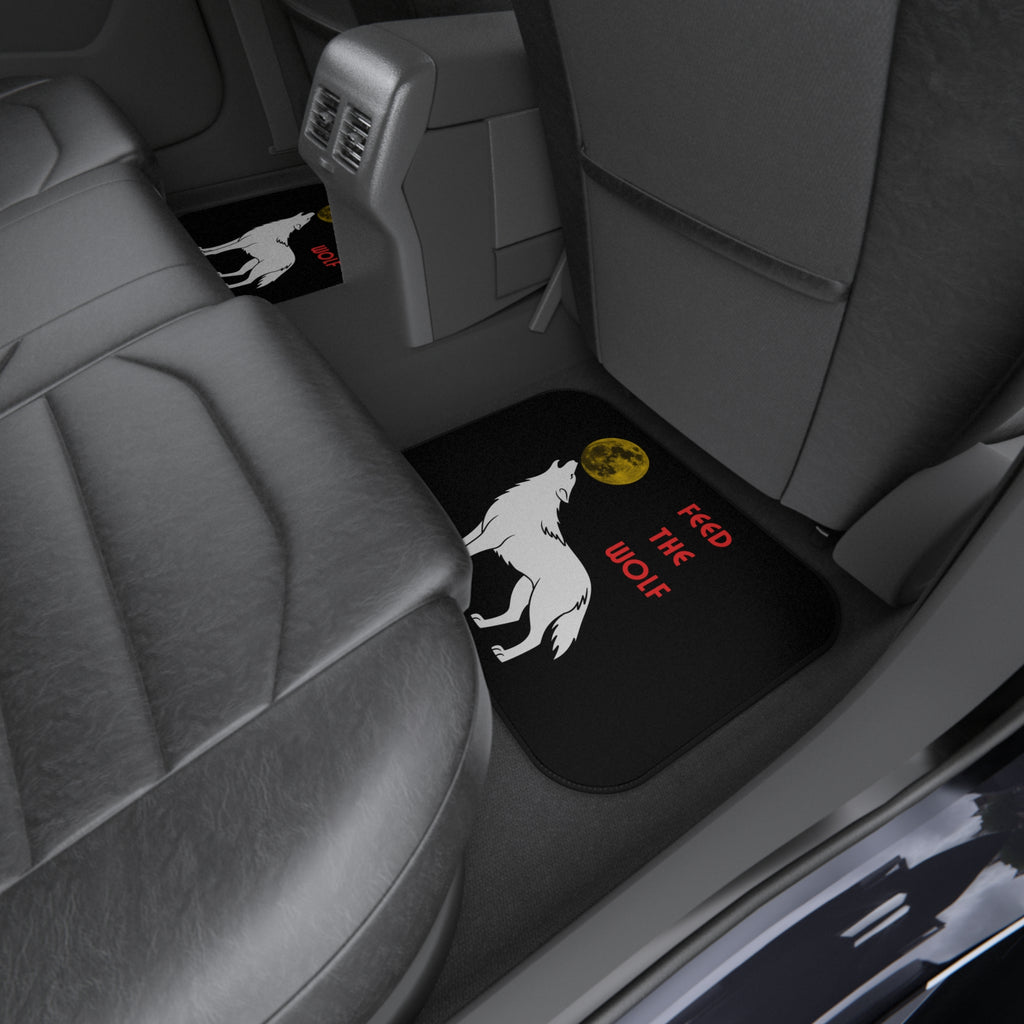 Howling White Wolf with Moon car mats | Feed the Wolf floor mats (set of 4) - Mutantur Labs LLC