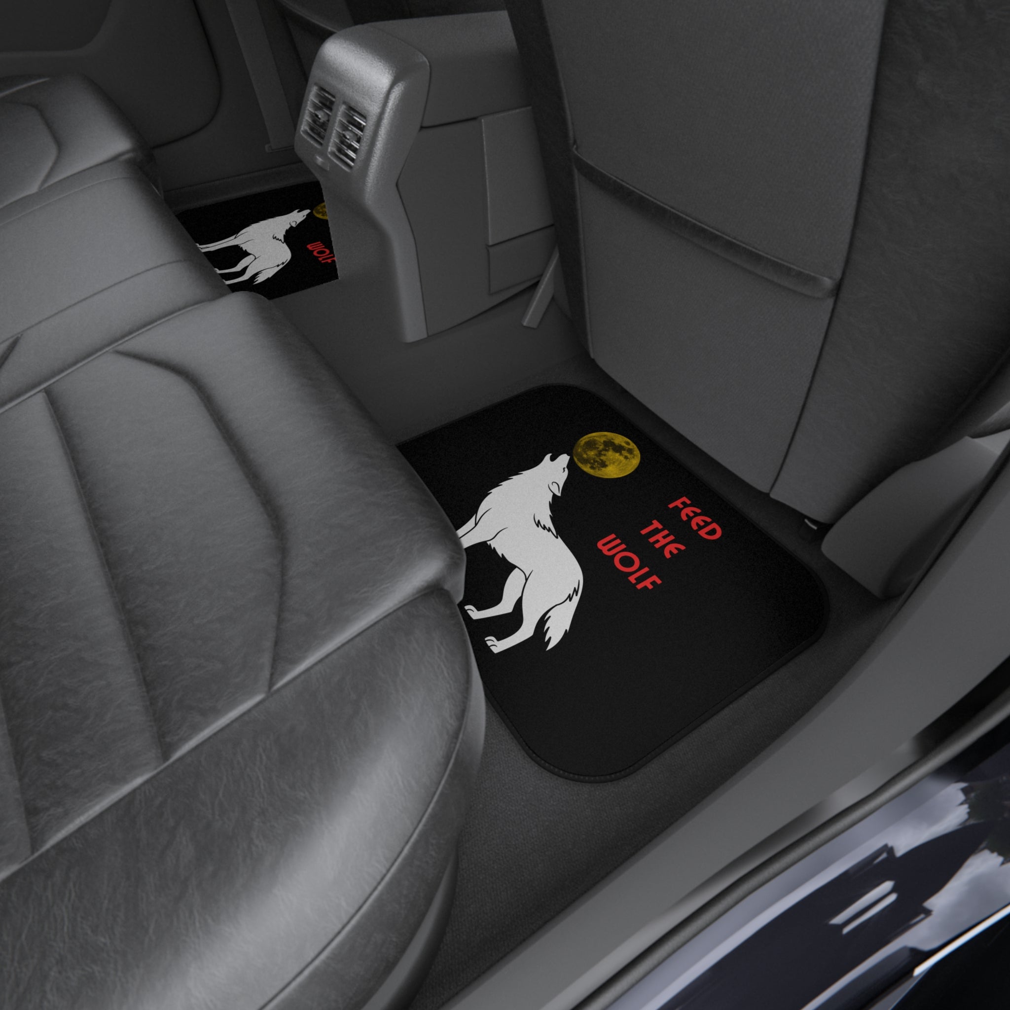 Howling White Wolf with Moon car mats | Feed the Wolf floor mats (set of 4) - Mutantur Labs LLC