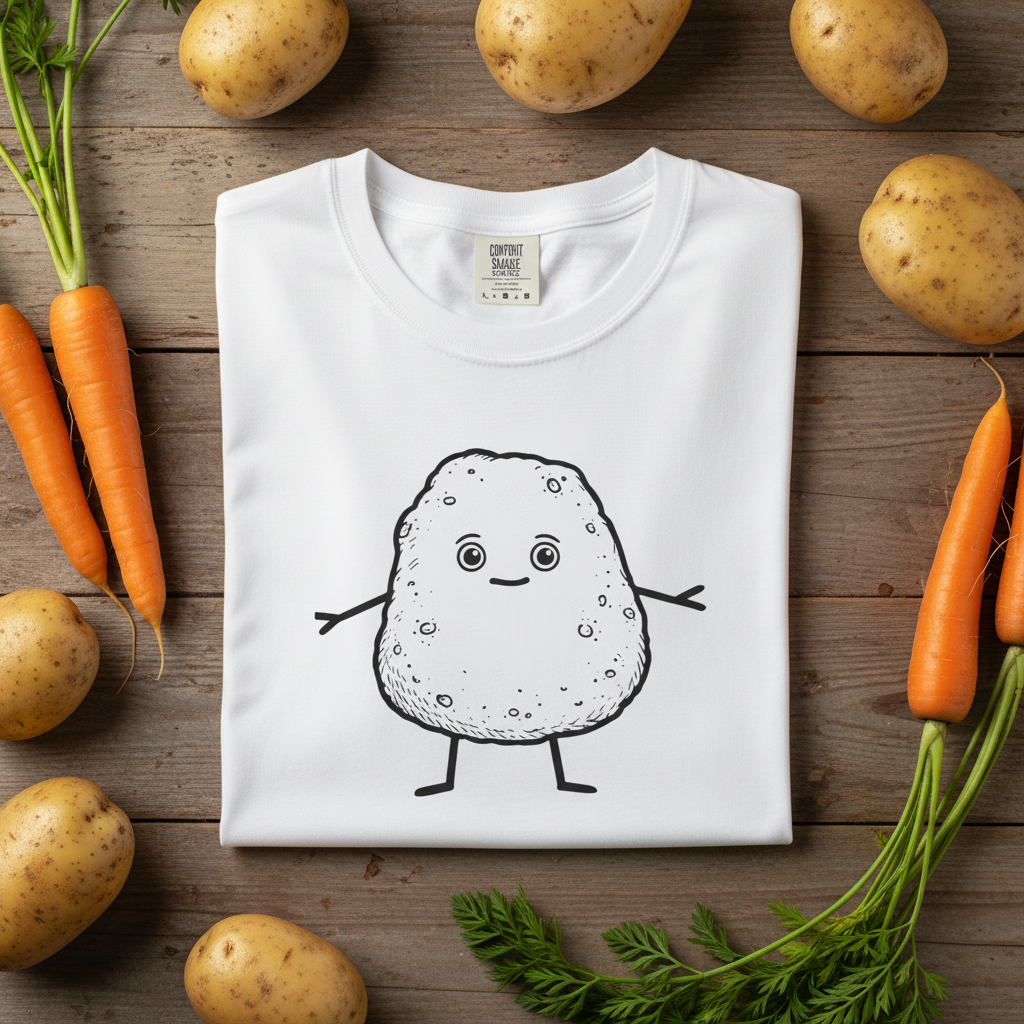 Cute potato cartoon kawaii veggie graphic tee, close-up of design