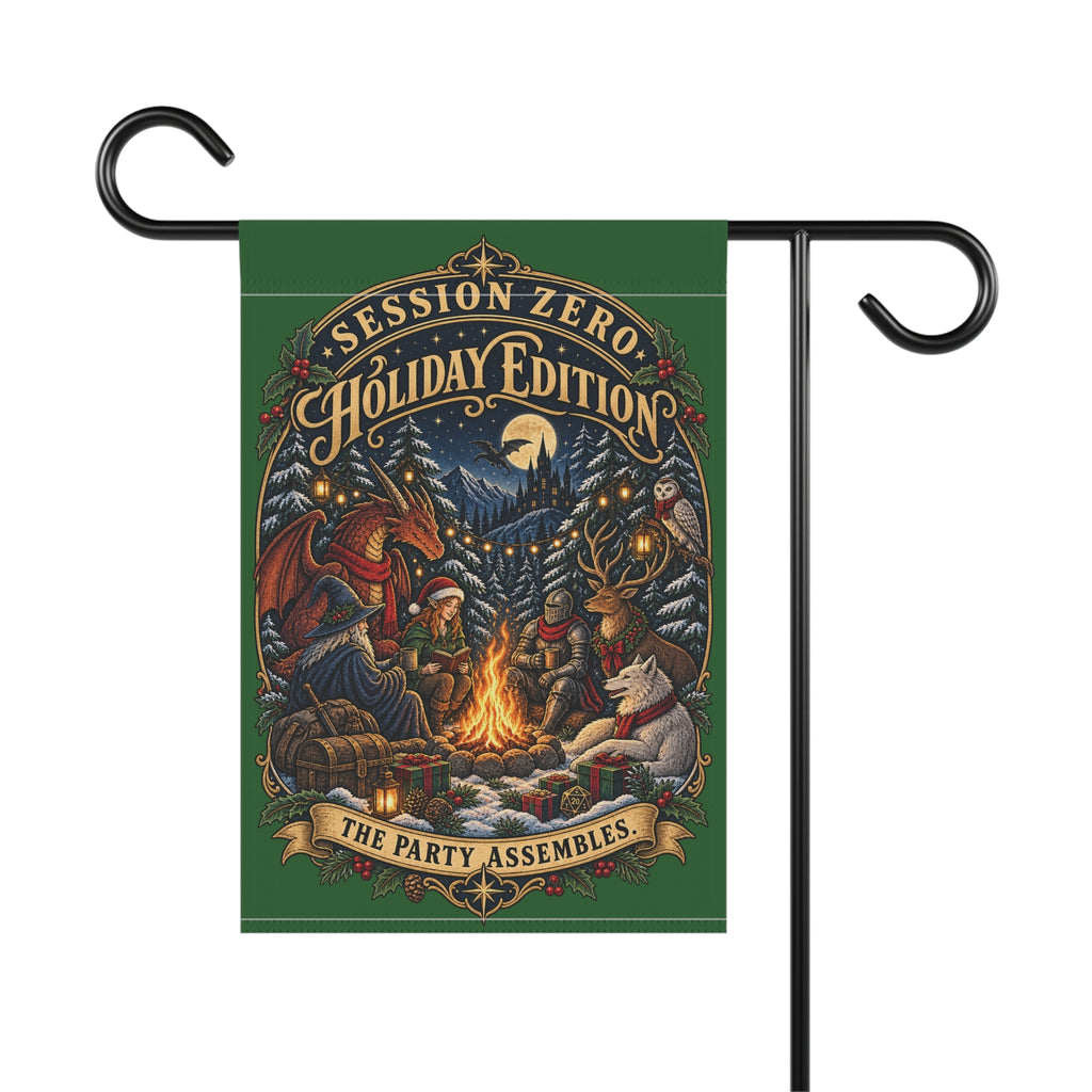 A rectangular garden flag hanging from a black metal H-shaped stand against a plain white background. The flag has a dark green border and a detailed illustrated holiday scene with campfire, deer, owl, horse, and figures under the text 'SESSION ZERO HOLIDAY EDITION' and 'THE PARTY ASSEMBLES.