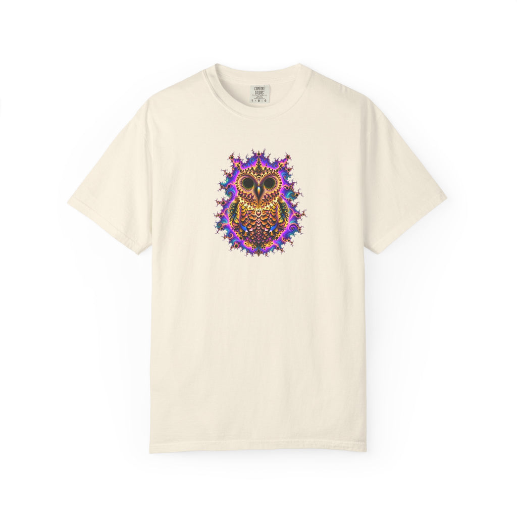 An off-white short-sleeve crewneck t-shirt featuring a colorful graphic of an owl surrounded by purple and blue stars on the chest.
