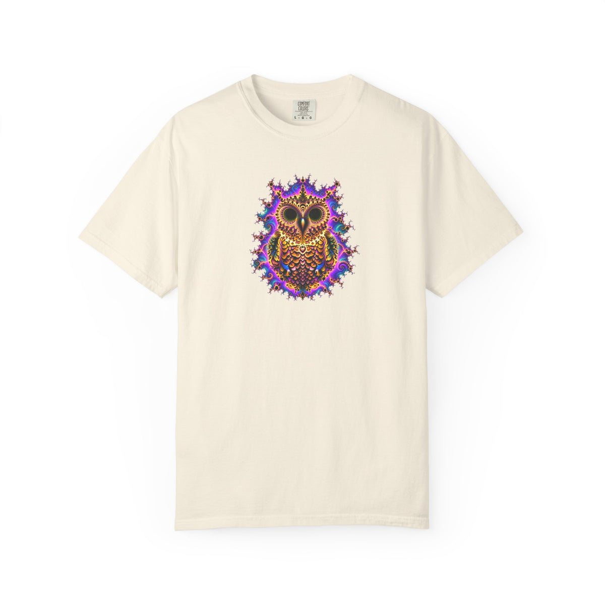 An off-white short-sleeve crewneck t-shirt featuring a colorful graphic of an owl surrounded by purple and blue stars on the chest.