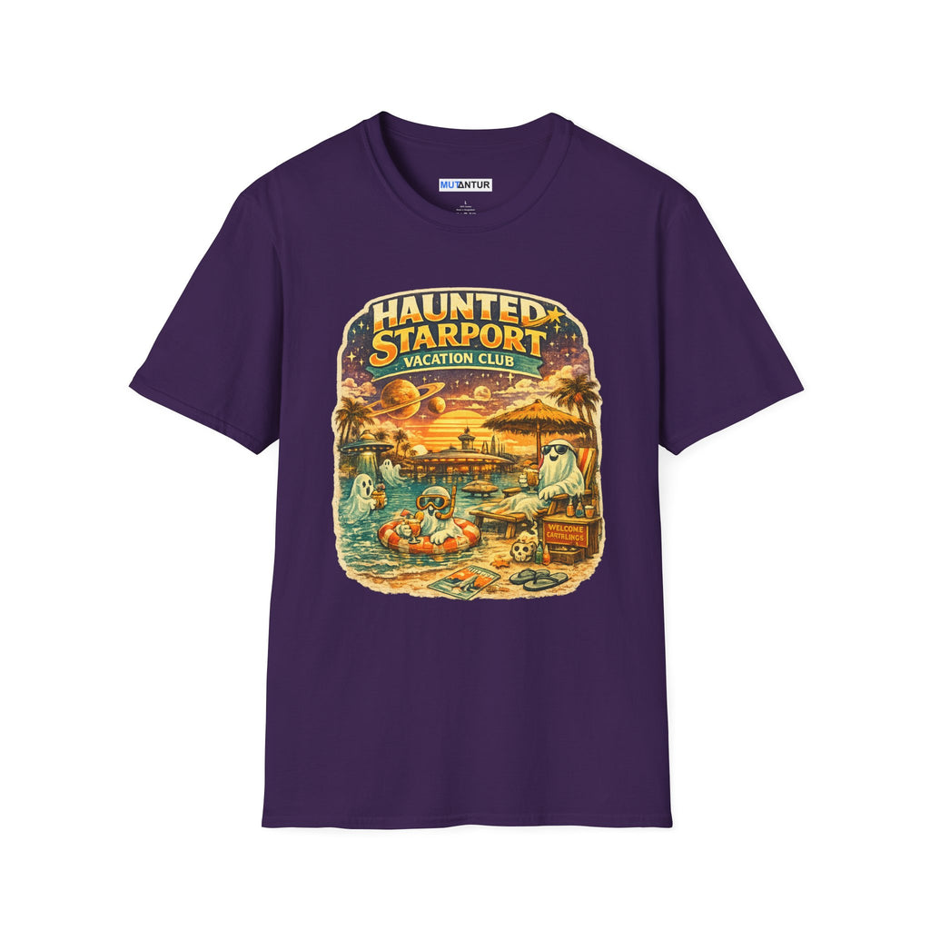 Haunted Starport Vacation Club T-Shirt – Funny Retro Sci-Fi Summerween Tee - Mutantur Labs LLC