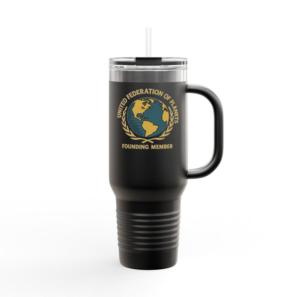 Black travel mug with Earth 
design on a white background