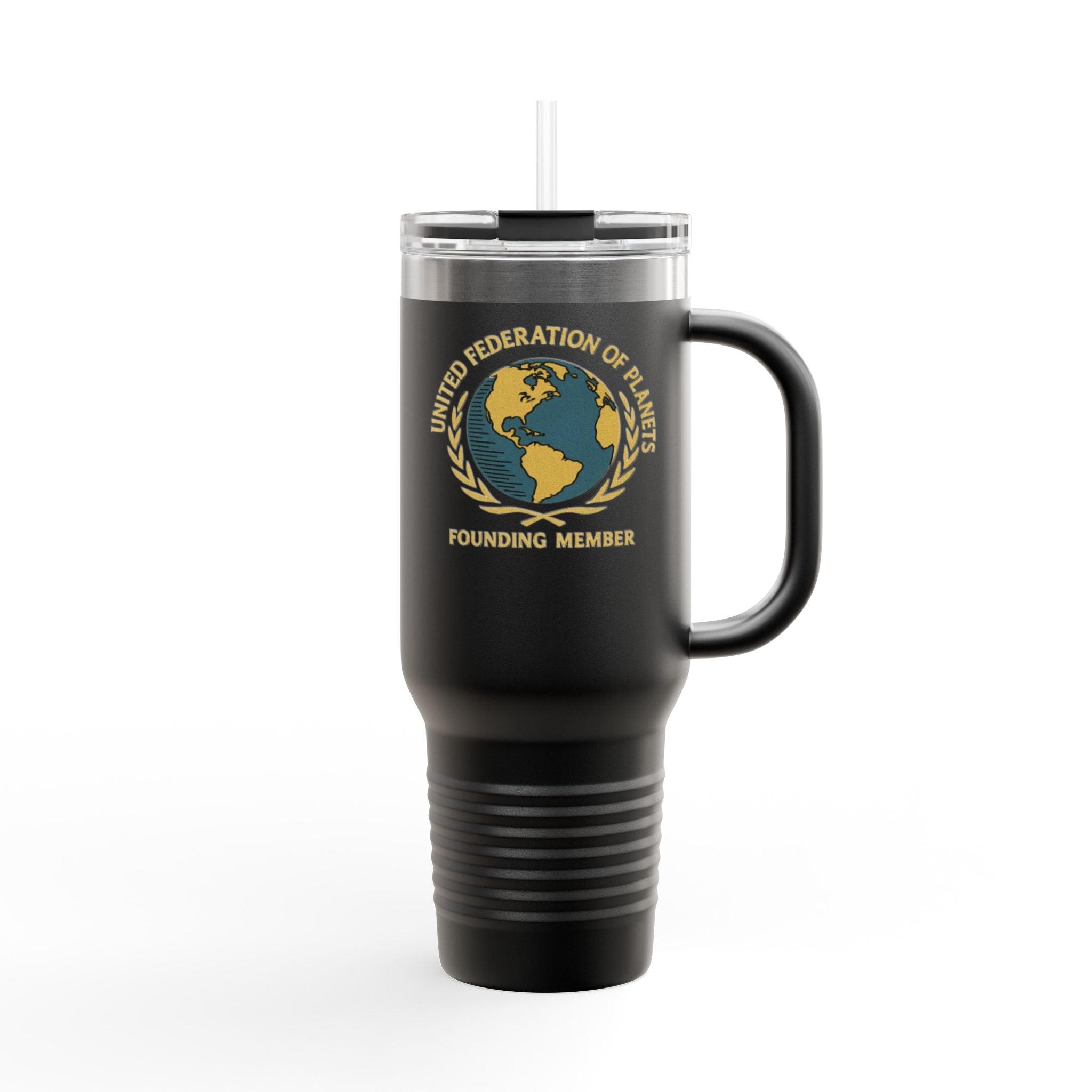 Black travel mug with Earth 
design on a white background