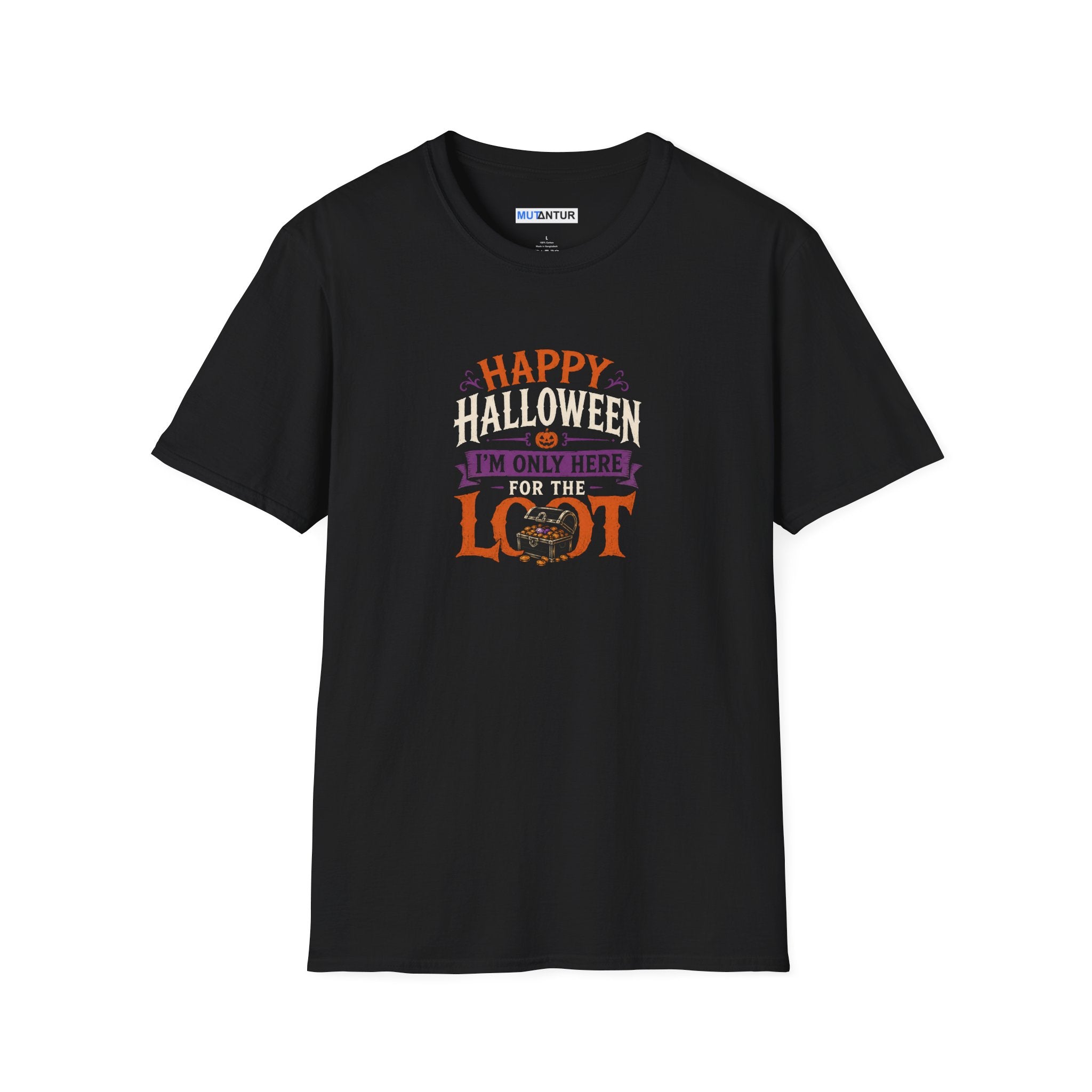 Black Short sleeved t shirt with colorful Happy Halloween I'm Only Here for The Look