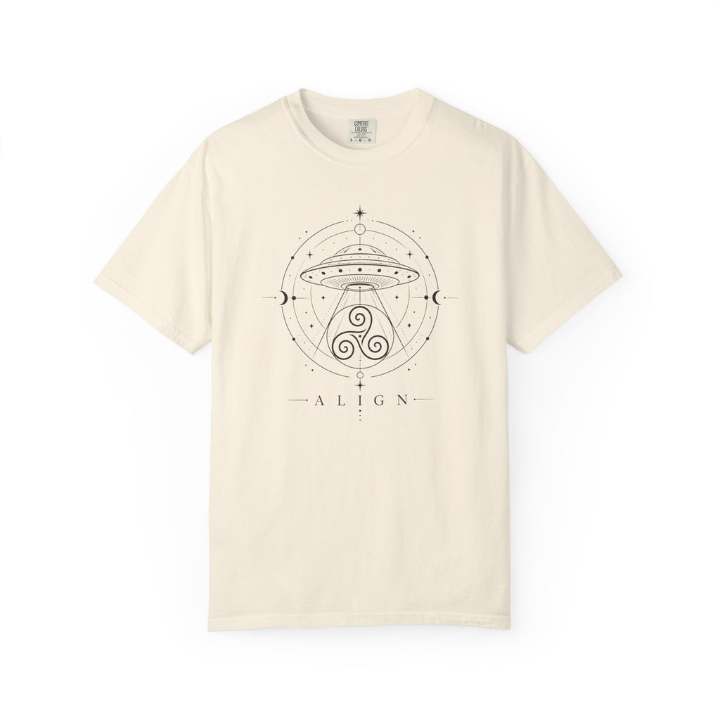 A beige t-shirt with a black line design of a flying saucer with an Irisk triskele below and the words ' ALIGN' against a white background