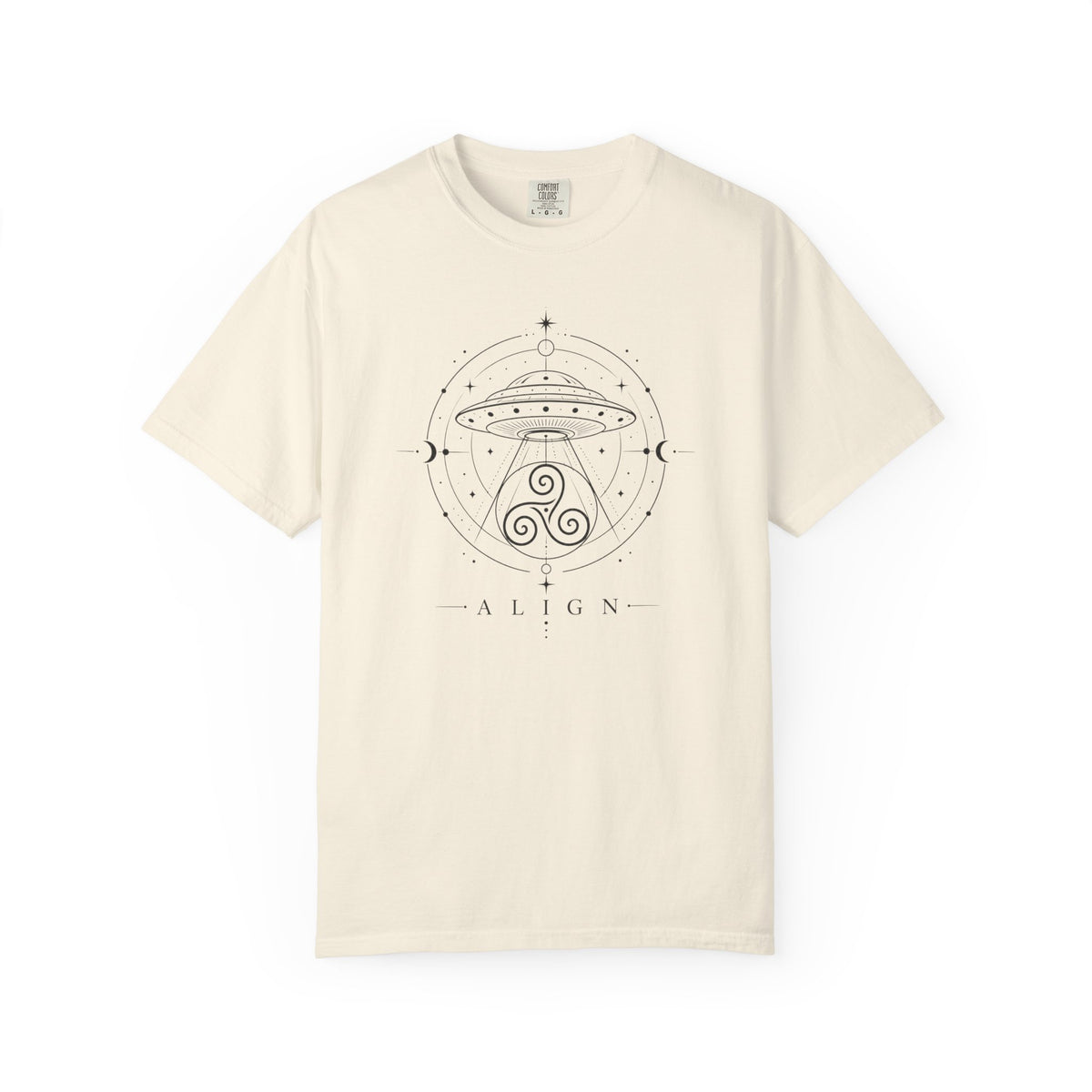 A beige t-shirt with a black line design of a flying saucer with an Irisk triskele below and the words ' ALIGN' against a white background