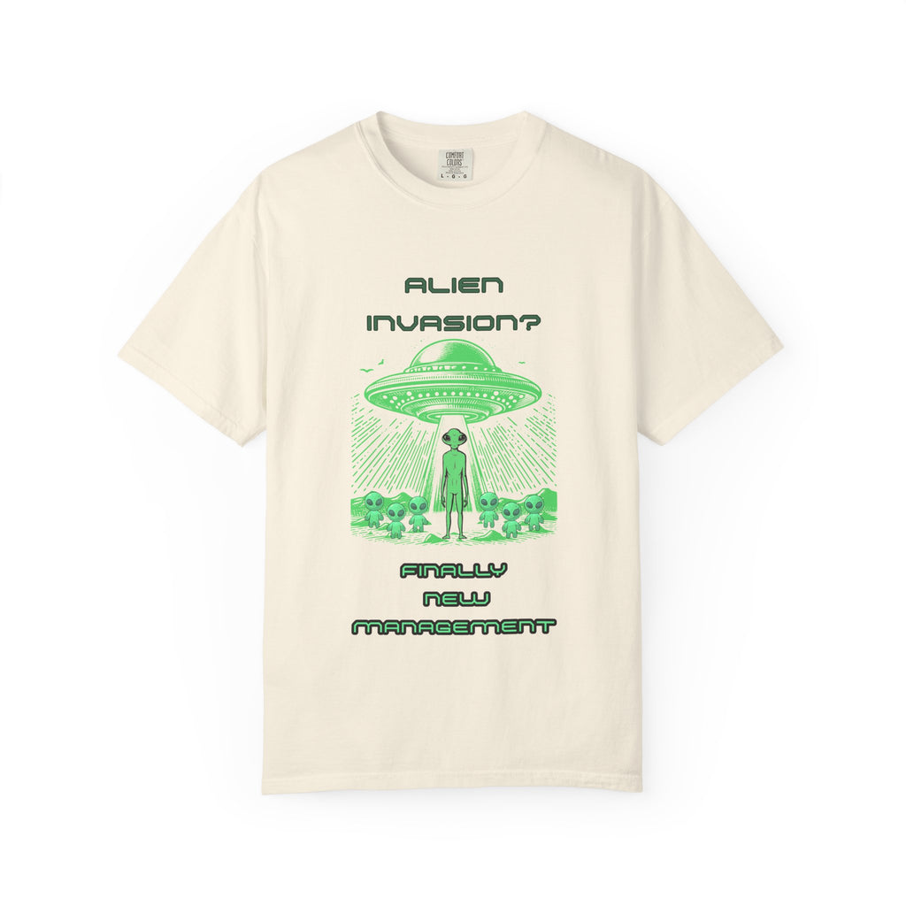 Alien Invasion Finally New Management UFO graphic tee in cream, front view