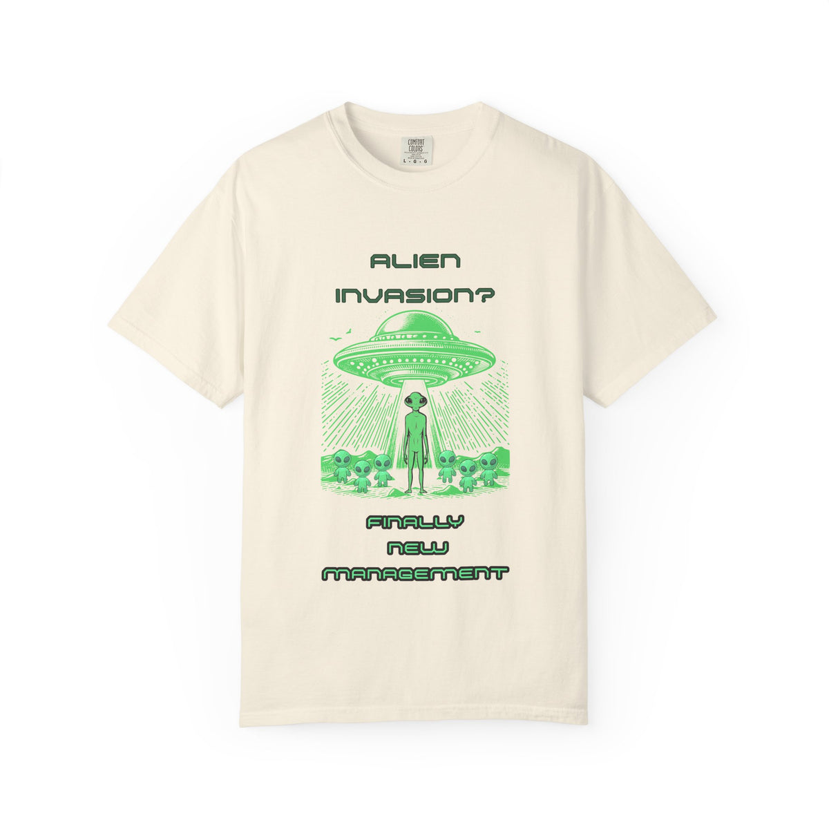 Alien Invasion Finally New Management UFO graphic tee in cream, front view